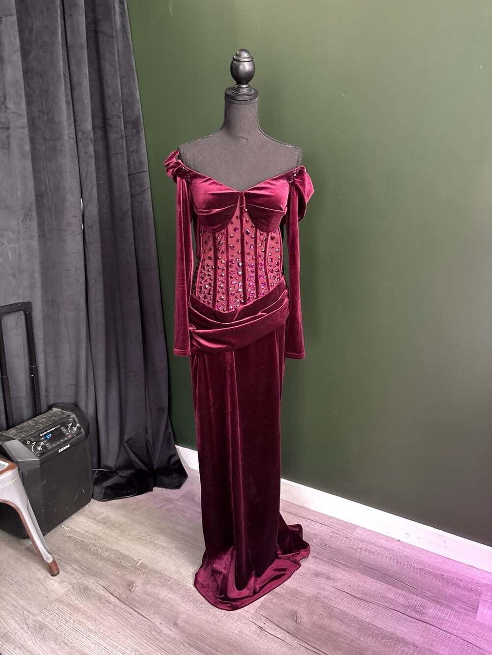 Belle Burgundy Velvet Off Shoulder Mesh Corset Rhinestone Gown, Size L